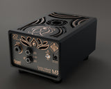 Lotus M3 120 W back panel, 2 Ω model: amp input, speaker outputs, bypass switch and fan power jack