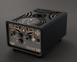 Lotus M3 120 W back panel, 4 Ω model: amp input, speaker outputs, bypass switch and fan power jack