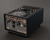Lotus M3 120 W back panel, 8 Ω model: amp input, speaker outputs, bypass switch and fan power jack