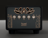 Lotus M3 120 W front panel: five attenuation toggles and the settings chart in copper
