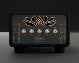 Lotus M3 front panel: five attenuation toggles and the settings chart in copper