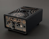 Lotus M3 back panel, 8 Ω model: amp input, speaker outputs, bypass switch and fan power jack